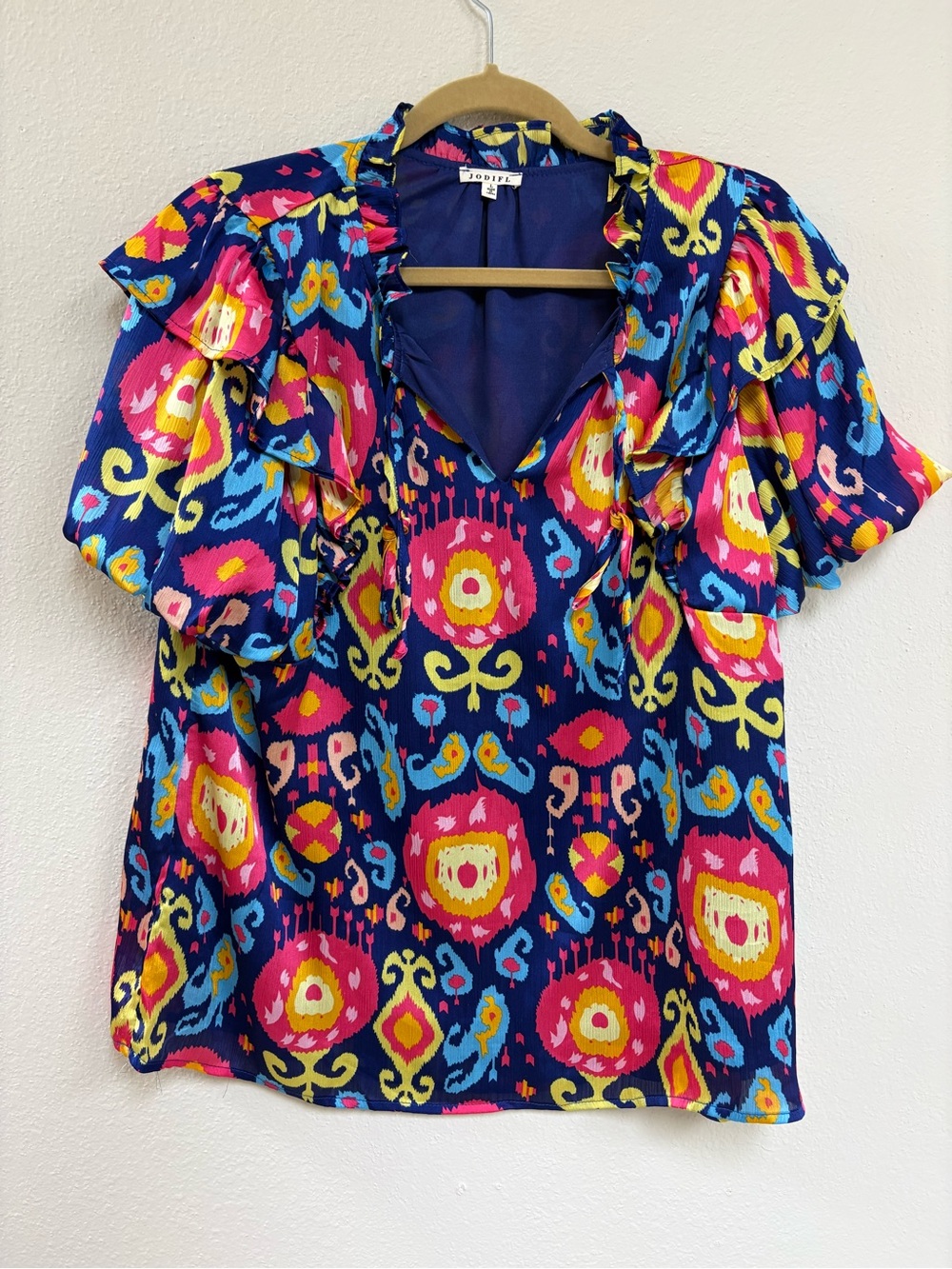 Jodifl Navy Multicolor Floral Ruffle Sleeve Top